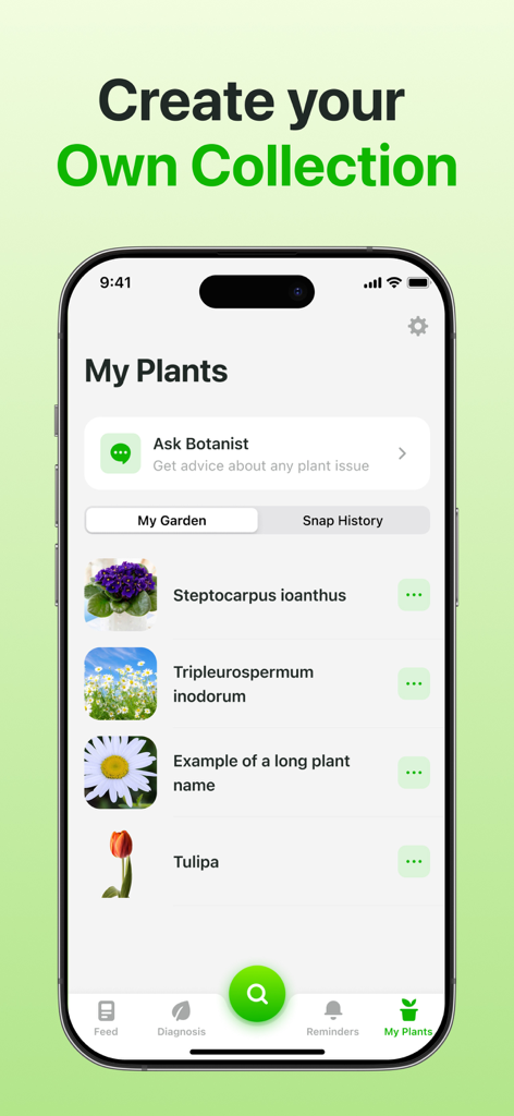 Plant Identifier & Care App - Pantalla Mis Plantas de la aplicación Botan que muestra una colección personalizada de plantas identificadas