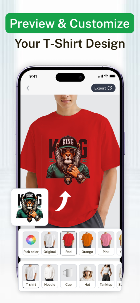 Interfaz de la aplicación móvil mostrando una vista previa de diseño de camiseta roja personalizada con un gráfico de león y varias opciones de color y ropa.