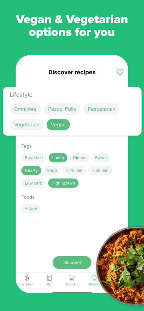 Recipe discovery screen with vegan and vegetarian lifestyle filters and dietary tags