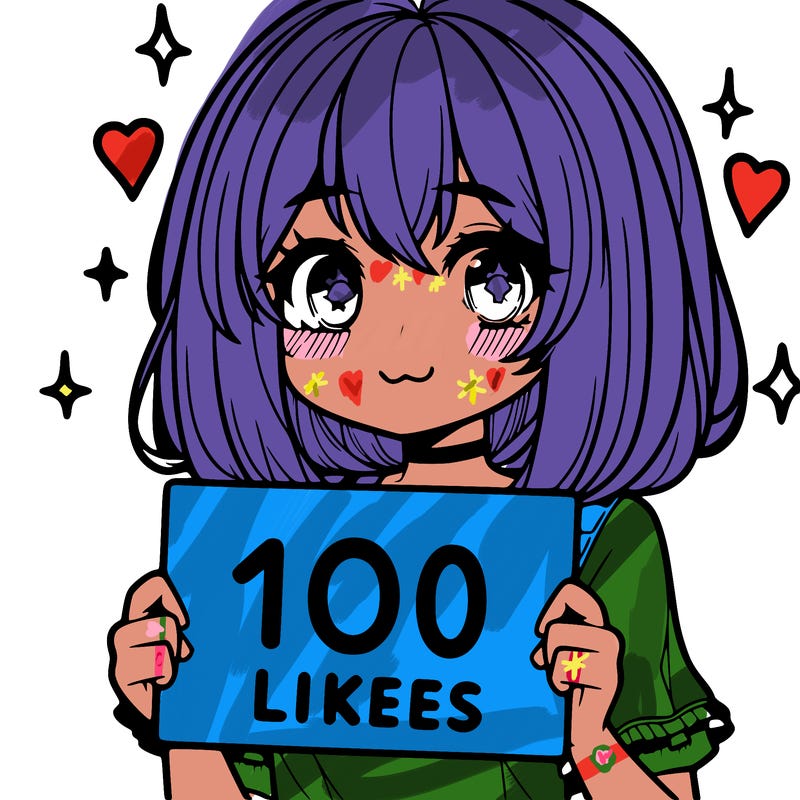 anima girl holding a 100 likes sign in her hand