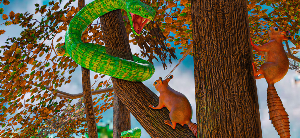 Squirrel Life Simulator Game - A 3D simulation of a squirrel encounter with a large green snake in the forest