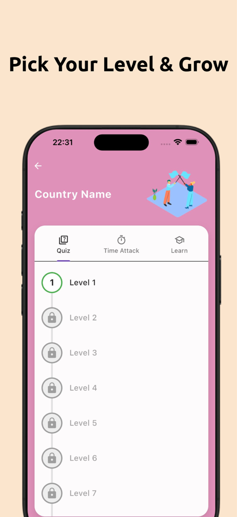 Schermata di selezione livelli nell'app Quiz Bandiere Paesi del Mondo che mostra stadi di quiz progressivi