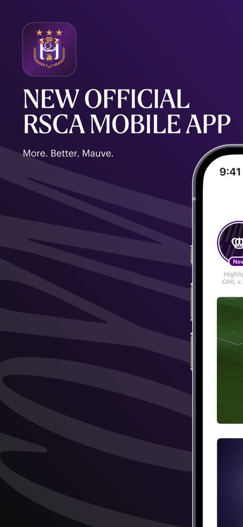 Welcome screen for the new official RSCA mobile app featuring the club logo and purple branding