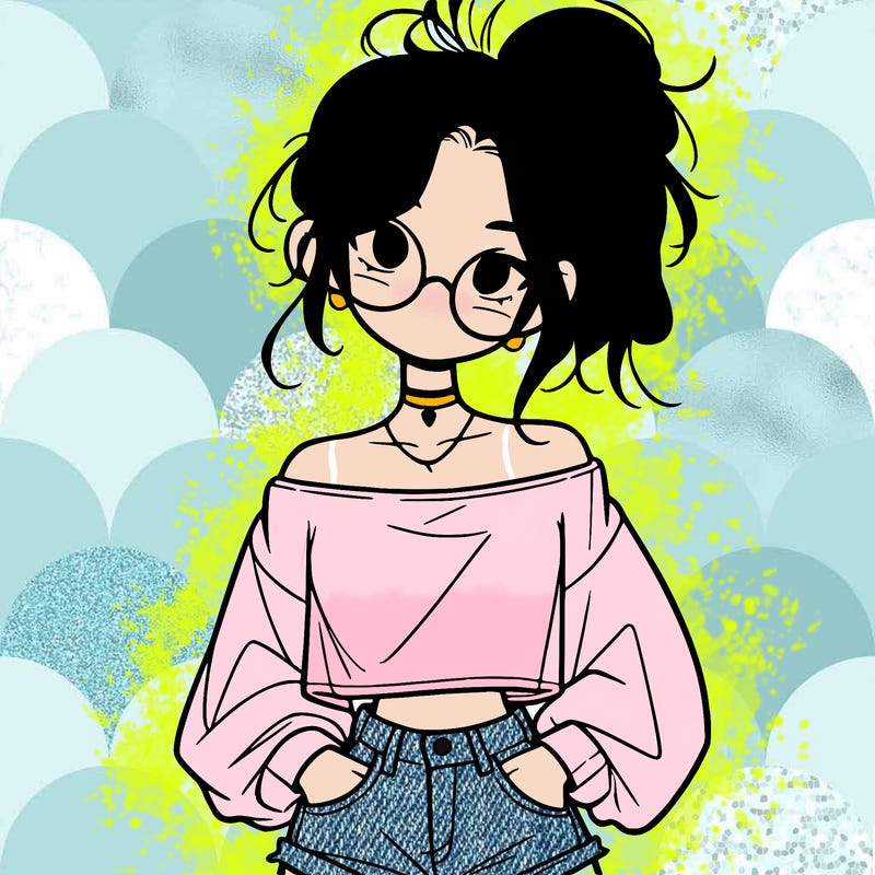 girl with a messy ponytail glasses a baggy crop top and jean shorts