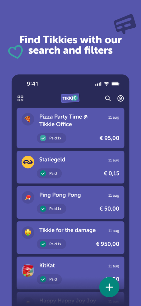 Tikkie app screen displaying a list of payment requests with a search bar and filter options