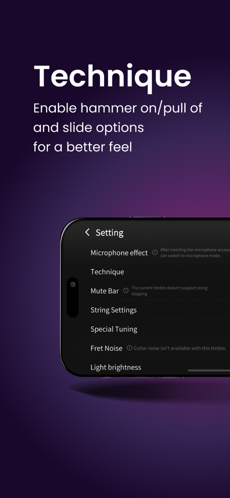AeroBand Guitar app settings screen displaying guitar technique options like hammer-on and pull-off