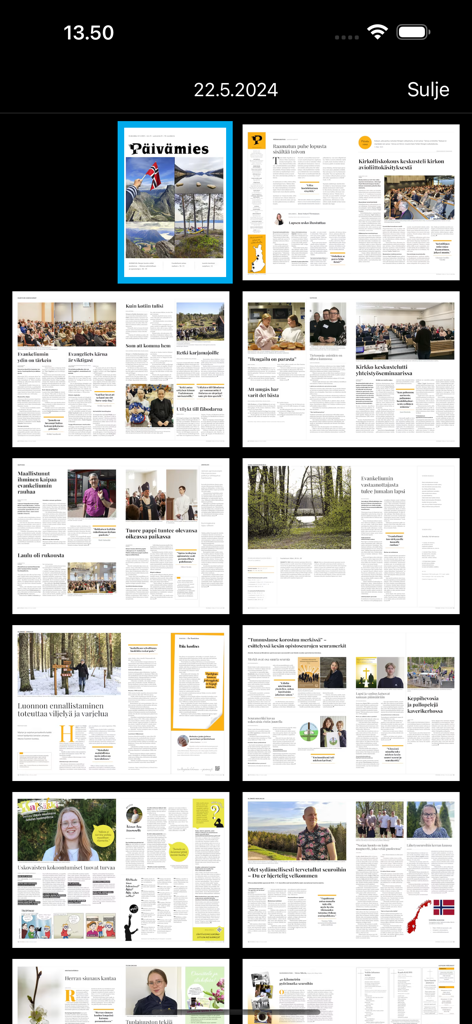 Päivämies - Vista de cuadrícula de artículos y páginas digitales de la revista cristiana Paivamies