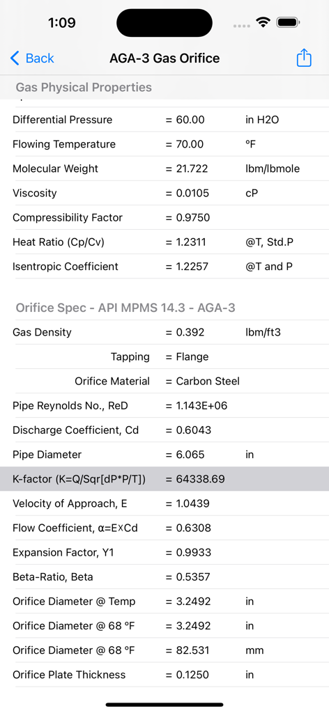 Screenshot of the AGA-3 Gas Orifice app displaying calculated gas physical properties and orifice specifications