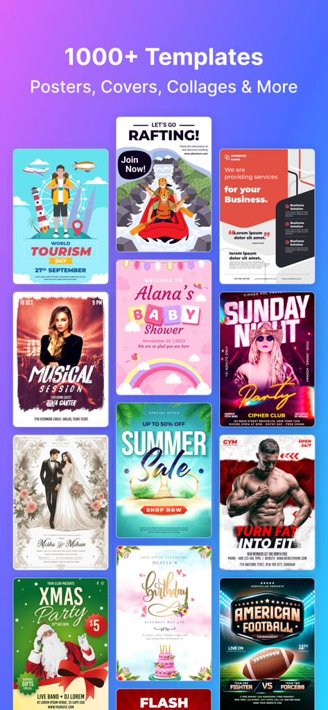 Poster Maker - Flyer Creator, - Eine Sammlung von Designvorlagen für Poster, Cover und Collagen in der Poster Maker App.