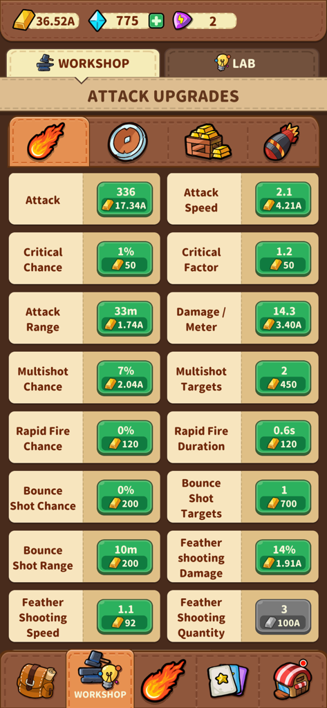 Rise of Chicks - Attack upgrades menu screen in Rise of Chicks showing various stats and gold costs