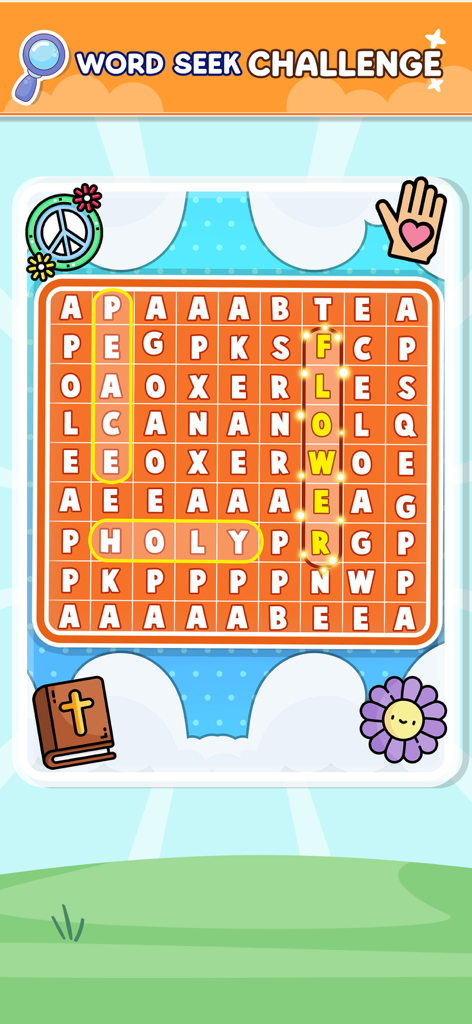 Bible Word Search Puzzle Games - Uma interface de jogo de quebra-cabeça de busca de palavras de tema religioso com palavras destacadas como paz e santo.