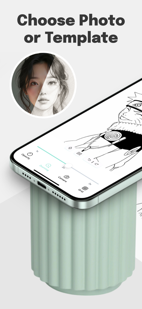 AR Sketch: Paint & Drawing! - An iPhone screen displaying the AR Sketch app interface with a character outline for tracing and a preview of a photo being converted into a sketch.