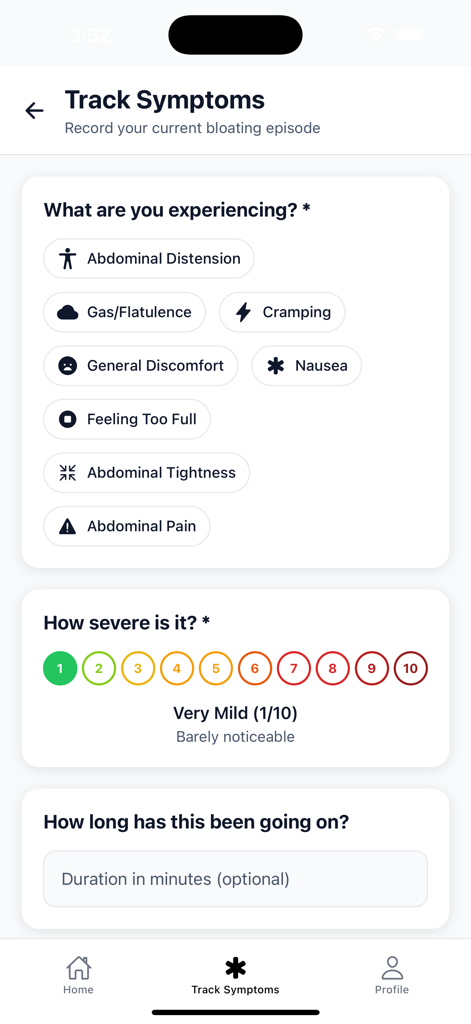 Symptom-Tracking-Bildschirm in der Debloater AI App mit einer Schweregradskala und Kategorien für Verdauungssymptome