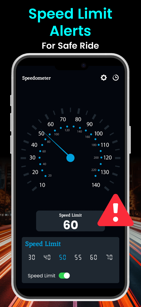 A mobile interface for GPS Speedometer showing an analog speedometer with a red speed limit warning alert.