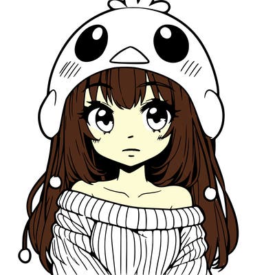anime girl with chick shaped hat with sweater with bare shoulders with bangs covering them one eye with low tail