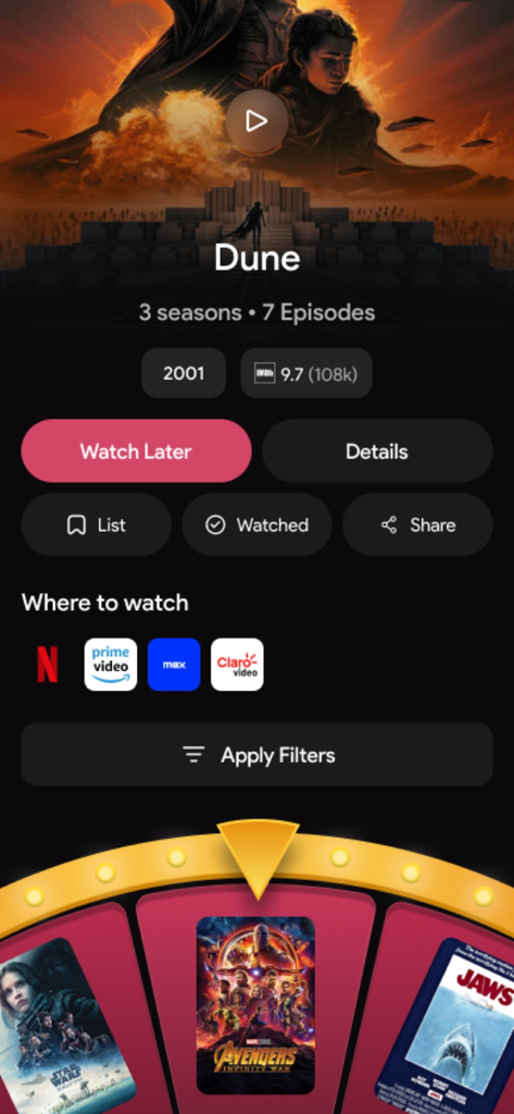 The Movie App - Mobile app interface showing movie details for Dune with streaming service icons and a movie selection roulette wheel
