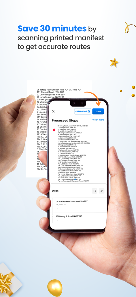A user scanning a printed list of addresses with the Zeo Route Planner app to automatically create an optimized delivery route.