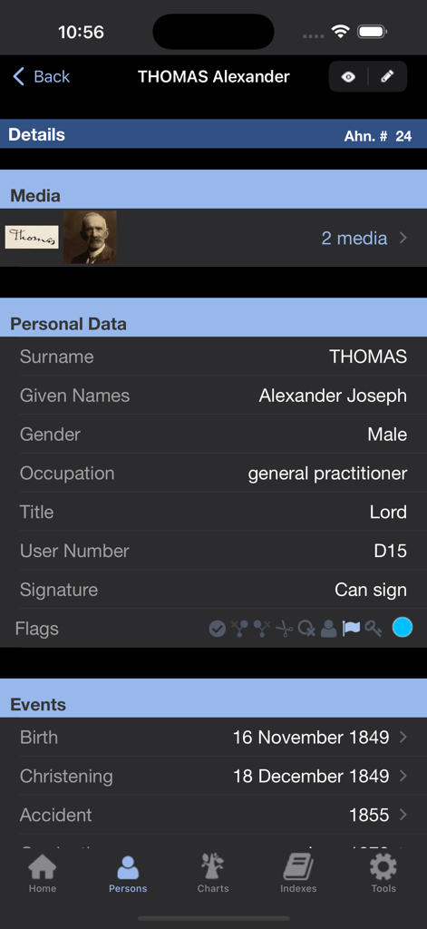 Detailed ancestor profile in the Heredis 2026 app showing personal data and historical life events