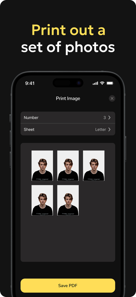 Passport Photo & ID Photo - Mobile app interface showing options to print a set of passport photos or save them as a PDF