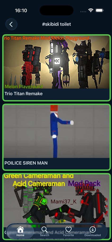 A menu in the Mods For Melon Playgrounds app showing Skibidi Toilet themed characters like Trio Titan and Cameraman packs.