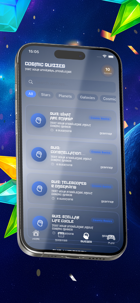 Écran de l'application WinStar Universe montrant une liste de quiz cosmiques sur les étoiles, les constellations et les télescopes.