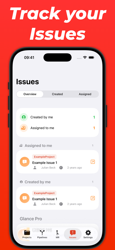 Glance for Gitlab - Mobile app interface of Glance for GitLab showing an overview of assigned and created issues.