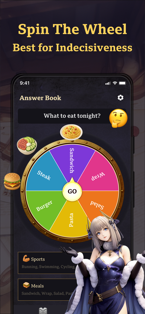 Una colorida rueda de decisiones para elegir comidas dentro de la interfaz de la aplicación Ask Book
