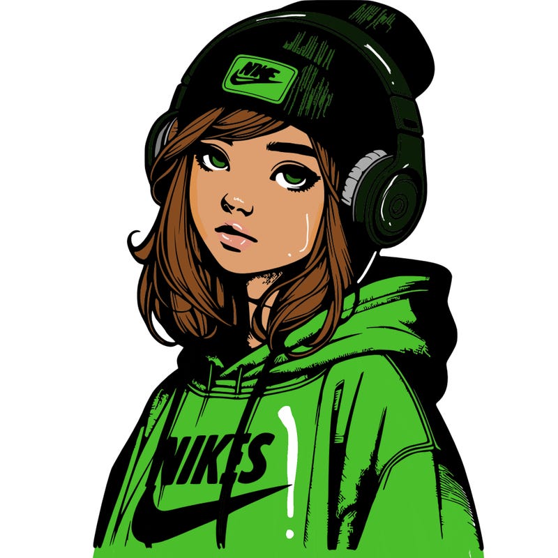 realistic girl wearing a hoodie and a beanie and headphones and nikes