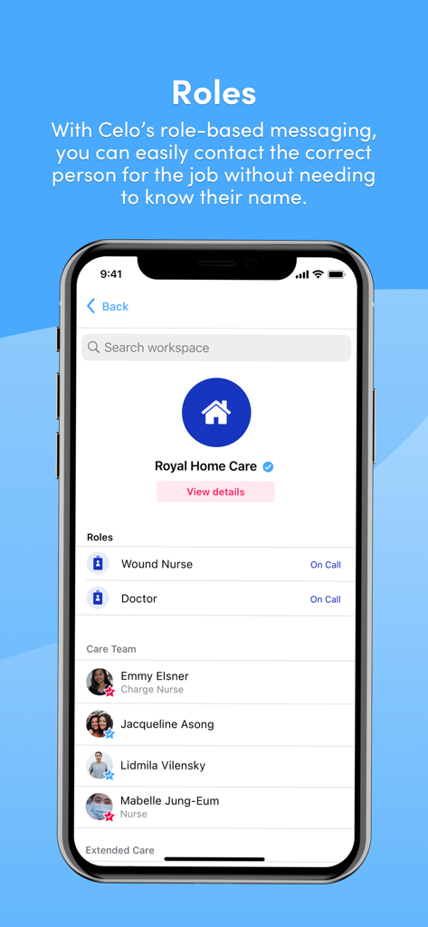 Celo app interface showing role-based messaging for healthcare teams