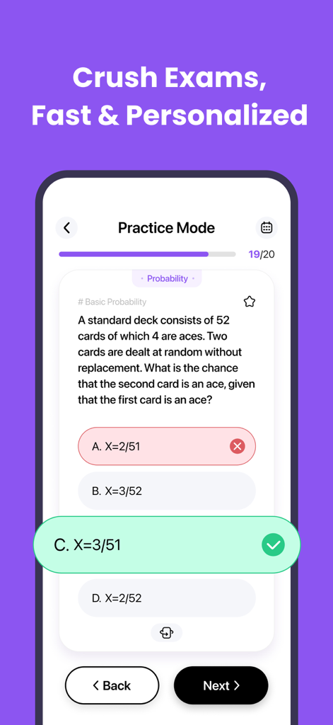 L'interface de l'application Sovi AI montrant une question de probabilité mathématique en mode pratique avec la bonne réponse sélectionnée