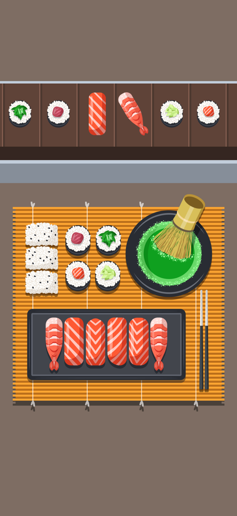 A satisfying puzzle level in Satis Game showing sushi and matcha tea being organized on a bamboo mat.