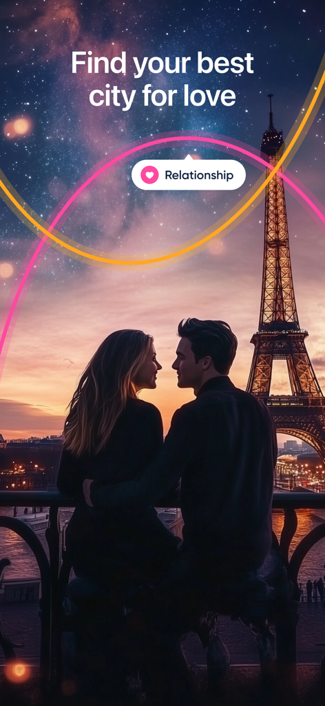 Linea: Astrocartography zodiac - Ein Paar vor dem Eiffelturm mit dem Text 'Finde deine beste Stadt für Liebe'