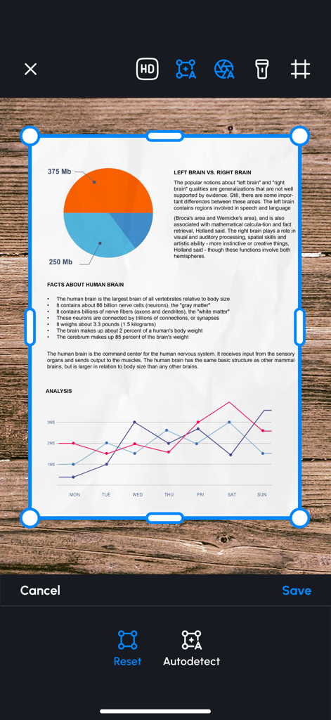 PDF Scanner Pro ⊟ - Interface de l'application Scanner PDF Pro montrant la fonction de détection automatique pour le recadrage d'un document