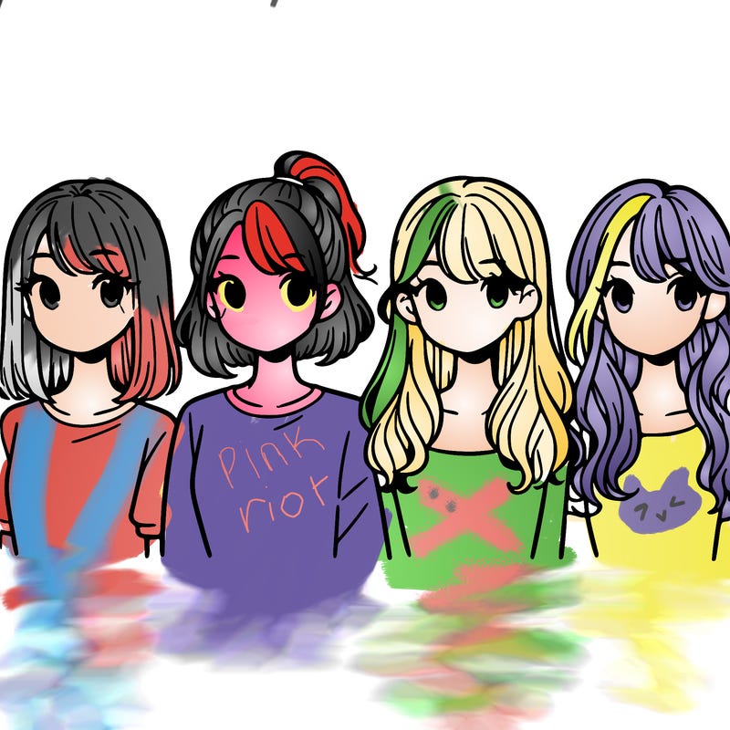 four girls two with shoulder length hair one with short hair the other with a low ponytail