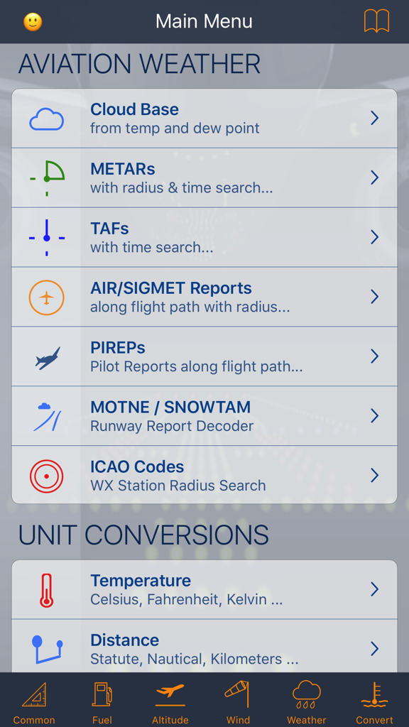 E6B Aviation Calculator - E6B Aviation Calculator menu with weather reports and unit conversion tools