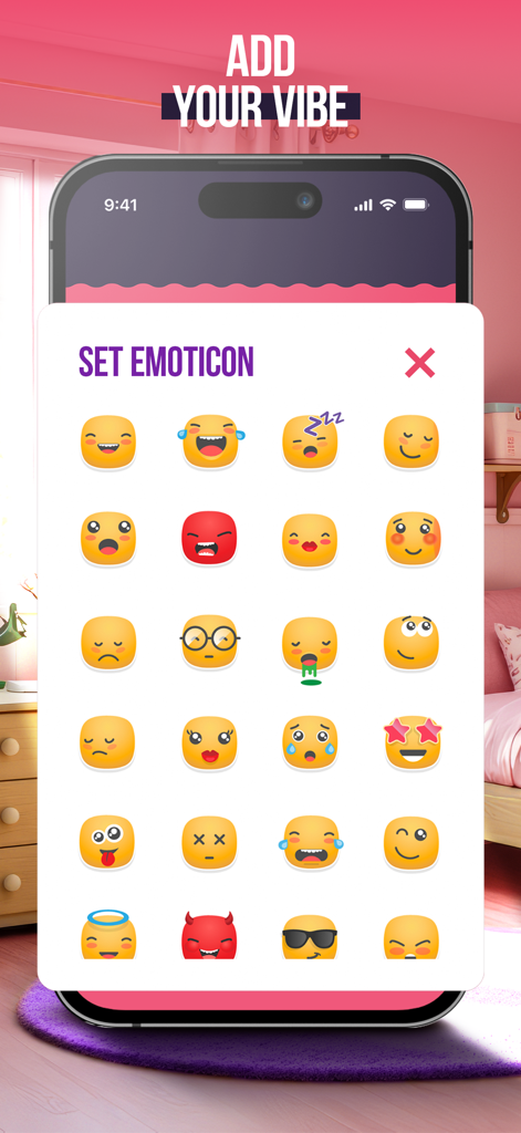 My Super Secret Diary Notes - A smartphone screen displaying a grid of custom emoticons to set a vibe in the My Super Secret Diary app.