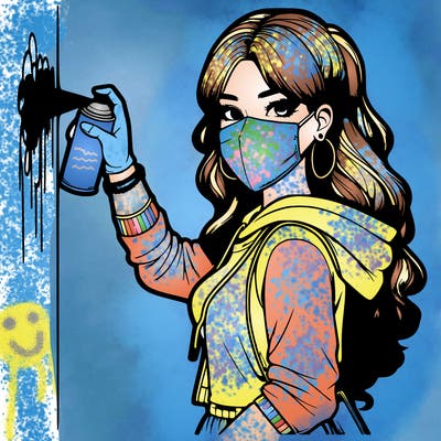 realistic girl with mask spray painting a wall