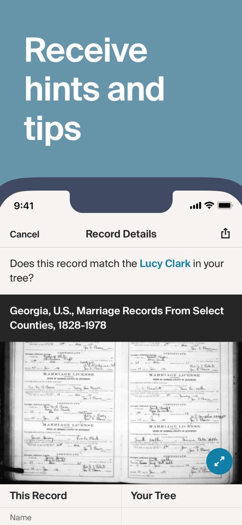 Ancestry: Family History & DNA - Ancestry app screenshot showing a historical marriage record hint for a family tree