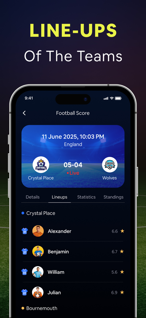 Live Football TV app interface showing soccer team lineups and individual player ratings