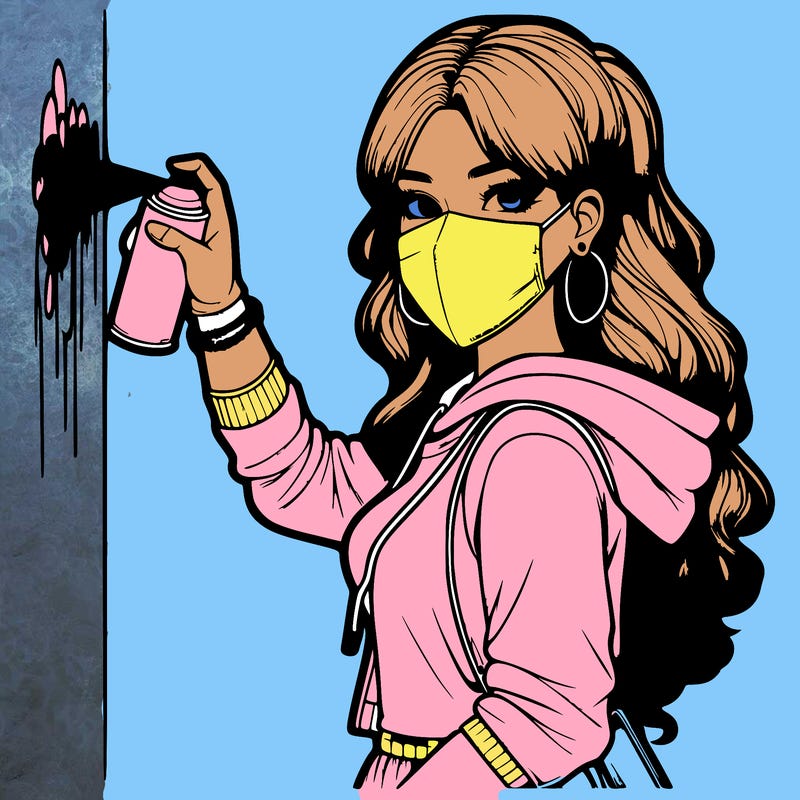 realistic girl with mask spray painting a wall