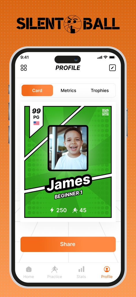SilentBall Coach - Profile screen of SilentBall Coach app showing a gamified basketball player card for a user named James
