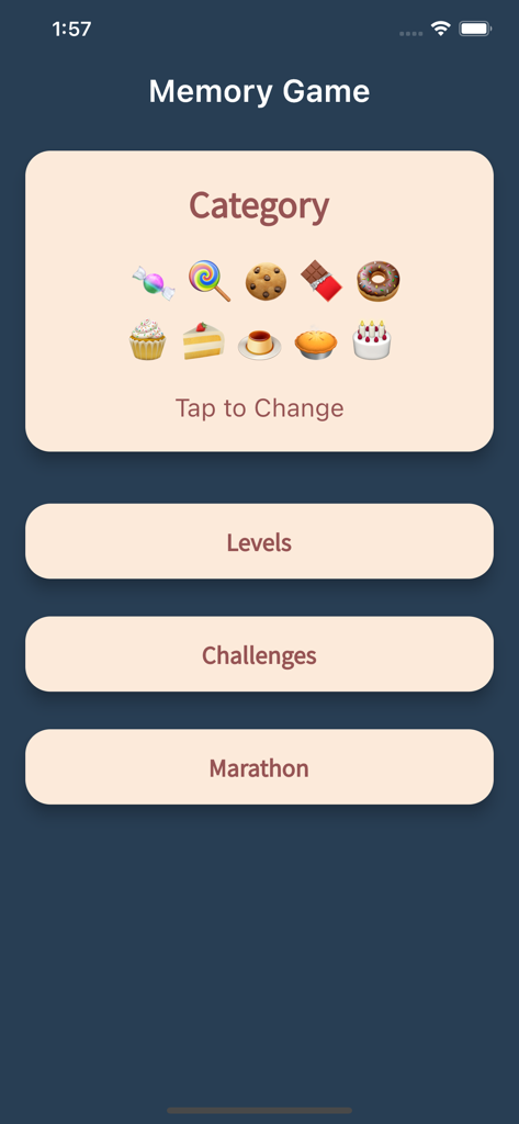 Memory Games: Match Pairs Card - Main menu of Memory Games Match Pairs Card showing game modes and category selection with dessert icons