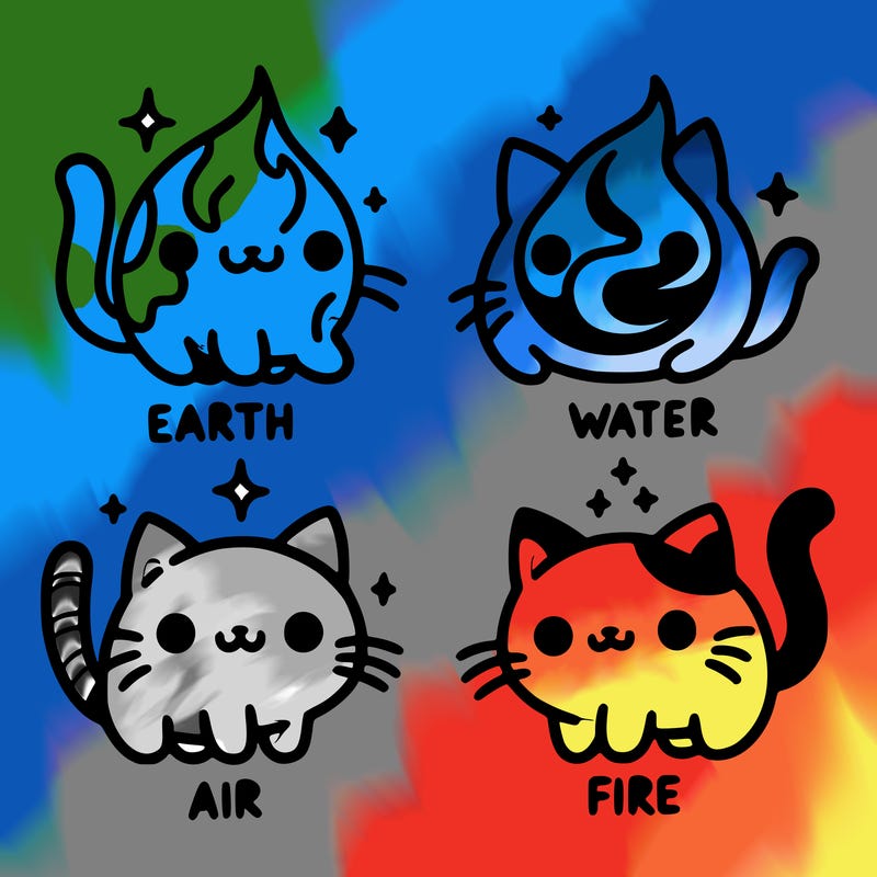4 cats that represent the different elements, earth, water, air, and fire