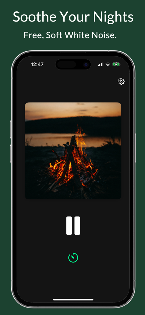 Fade Out White Noise - Benect - Fade Out White Noise Benect app interface featuring campfire ambient sound and sleep timer.
