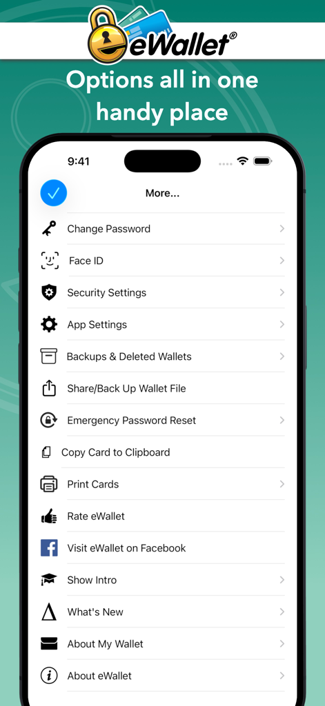 eWallet - Password Manager - Una lista de configuraciones de seguridad y copia de seguridad en la aplicación gestora de contraseñas eWallet