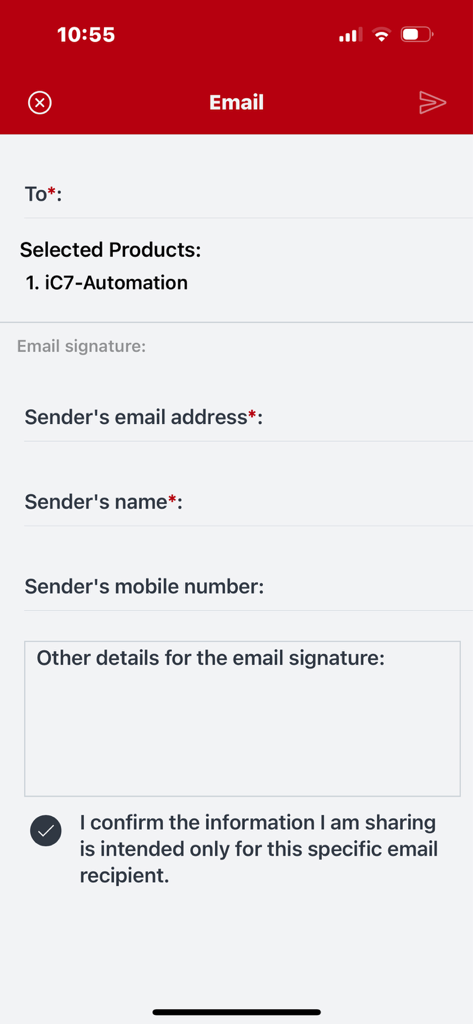 Die E-Mail-Sharing-Oberfläche in der MyDrive Portfolio App zum Senden technischer Produktspezifikationen an Kunden oder Vorgesetzte