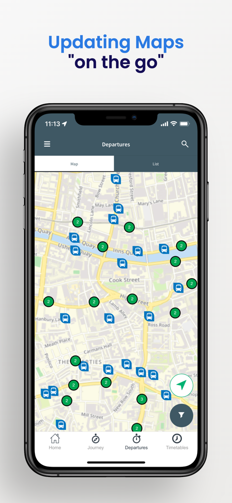 TFI Live - TFI Live App-Oberfläche mit einer Echtzeit-Karte mit Standorten von Bus- und Bahnhaltestellen