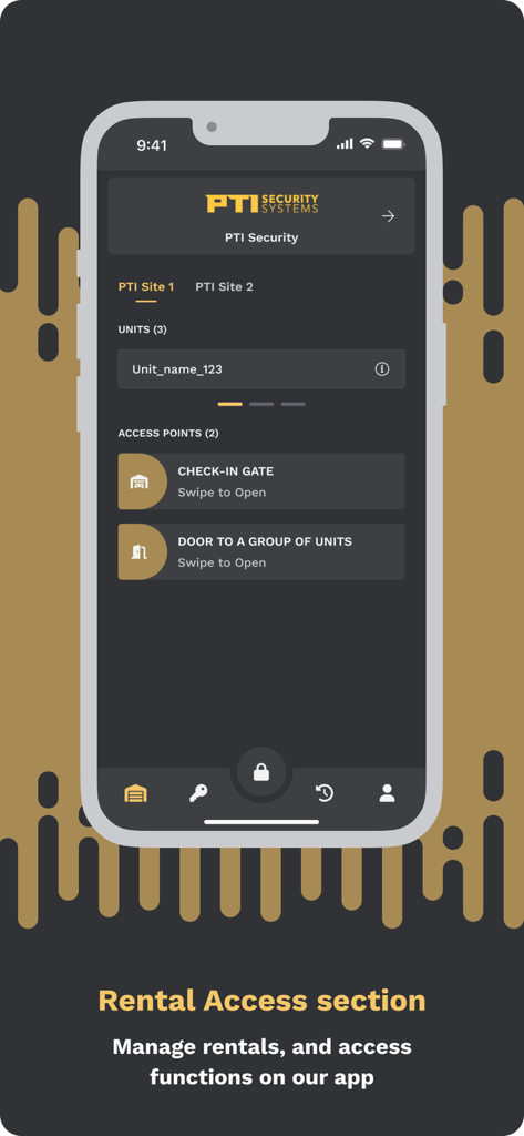 StorID - StorID mobile app interface showing digital access control for storage units and gates with swipe to open functionality