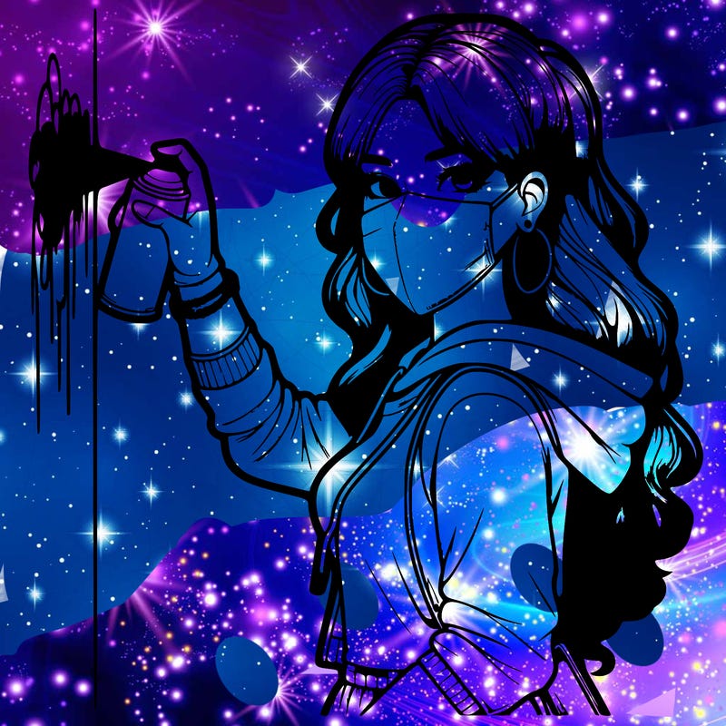 realistic girl with mask spray painting a wall