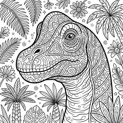 Journey back to the age of dinosaurs with this stunning Brachiosaurus head coloring page, adorned with captivating, complex patterns. Designed for adult enthusiasts, it offers a relaxing escape amidst lush prehistoric flora.